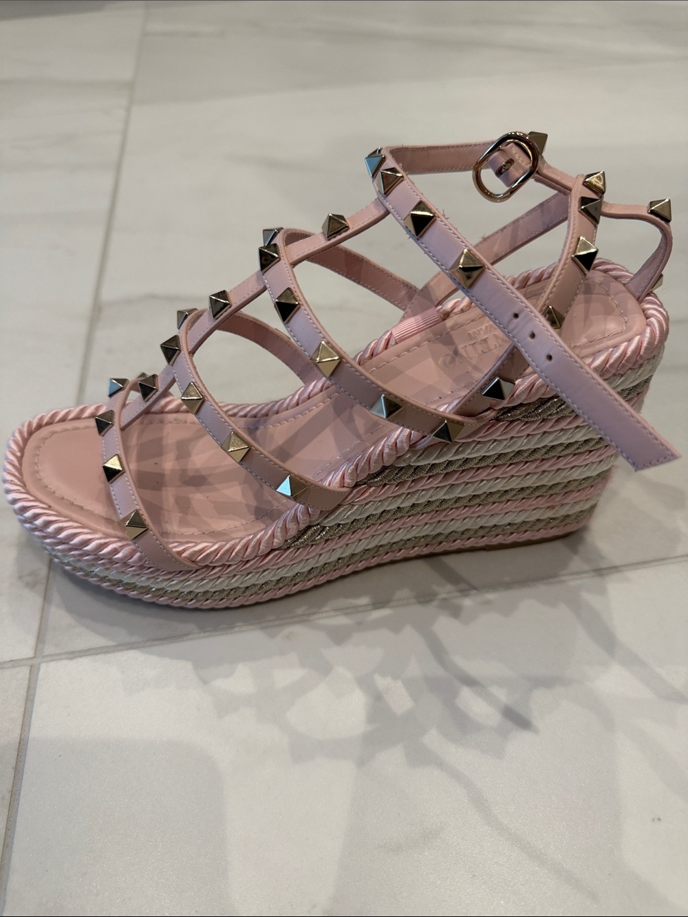 Valentino Pink Studded Espadrille Wedge Sandals
